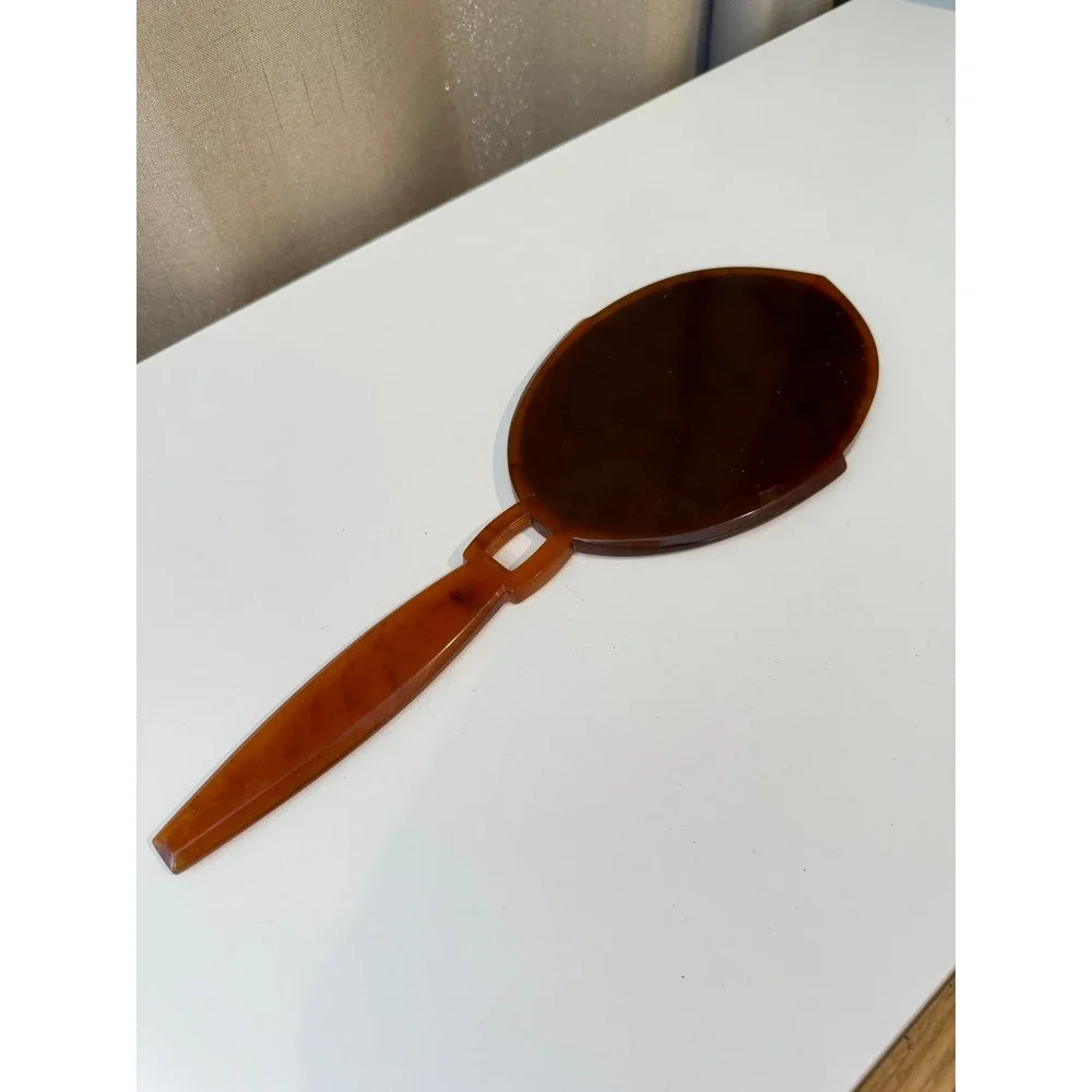 Vintage Faux Tortoiseshell Hand Mirror Oval Beveled Glass Art Deco Amber 14.5
